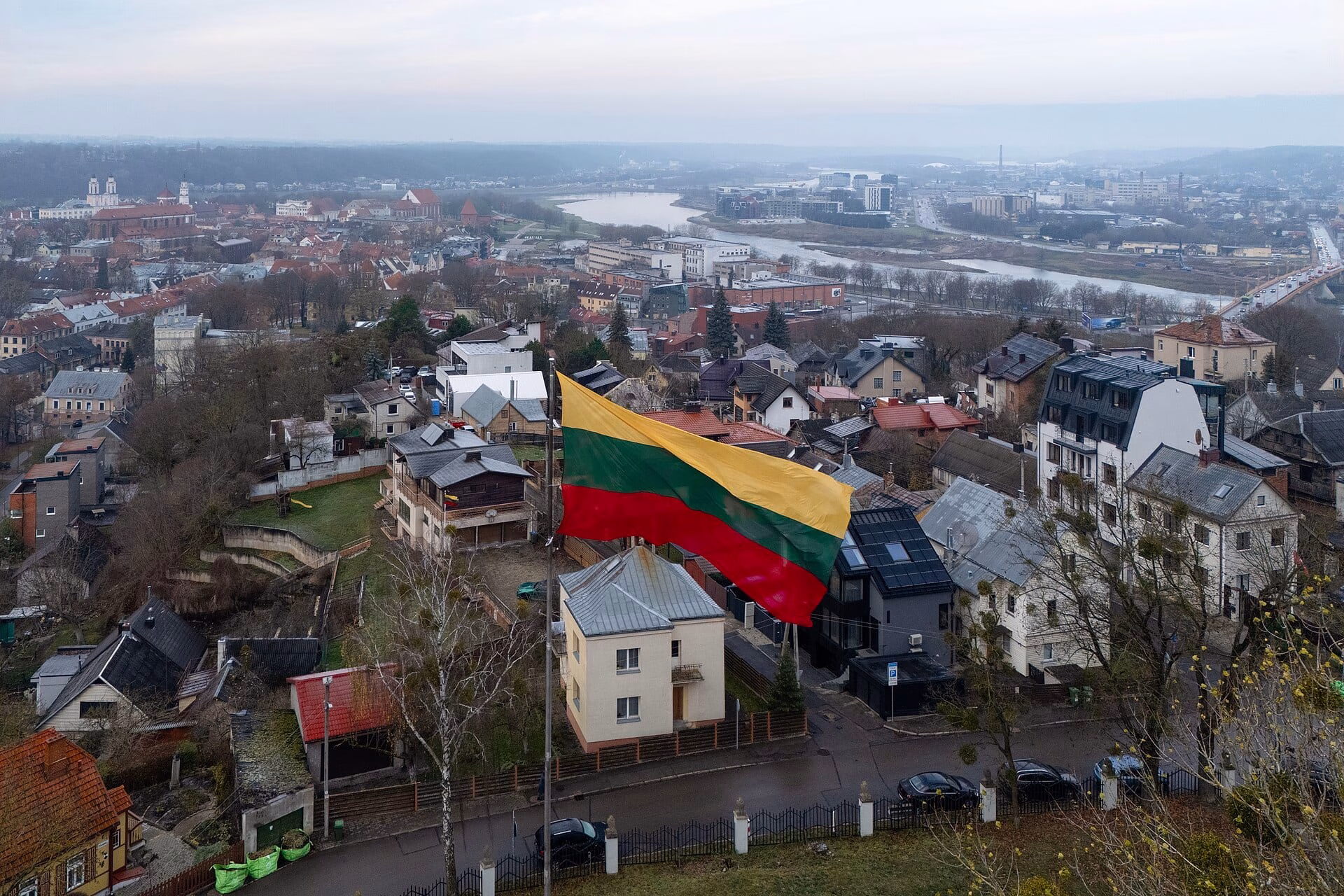 Lithuanian flag flying above Kaunas