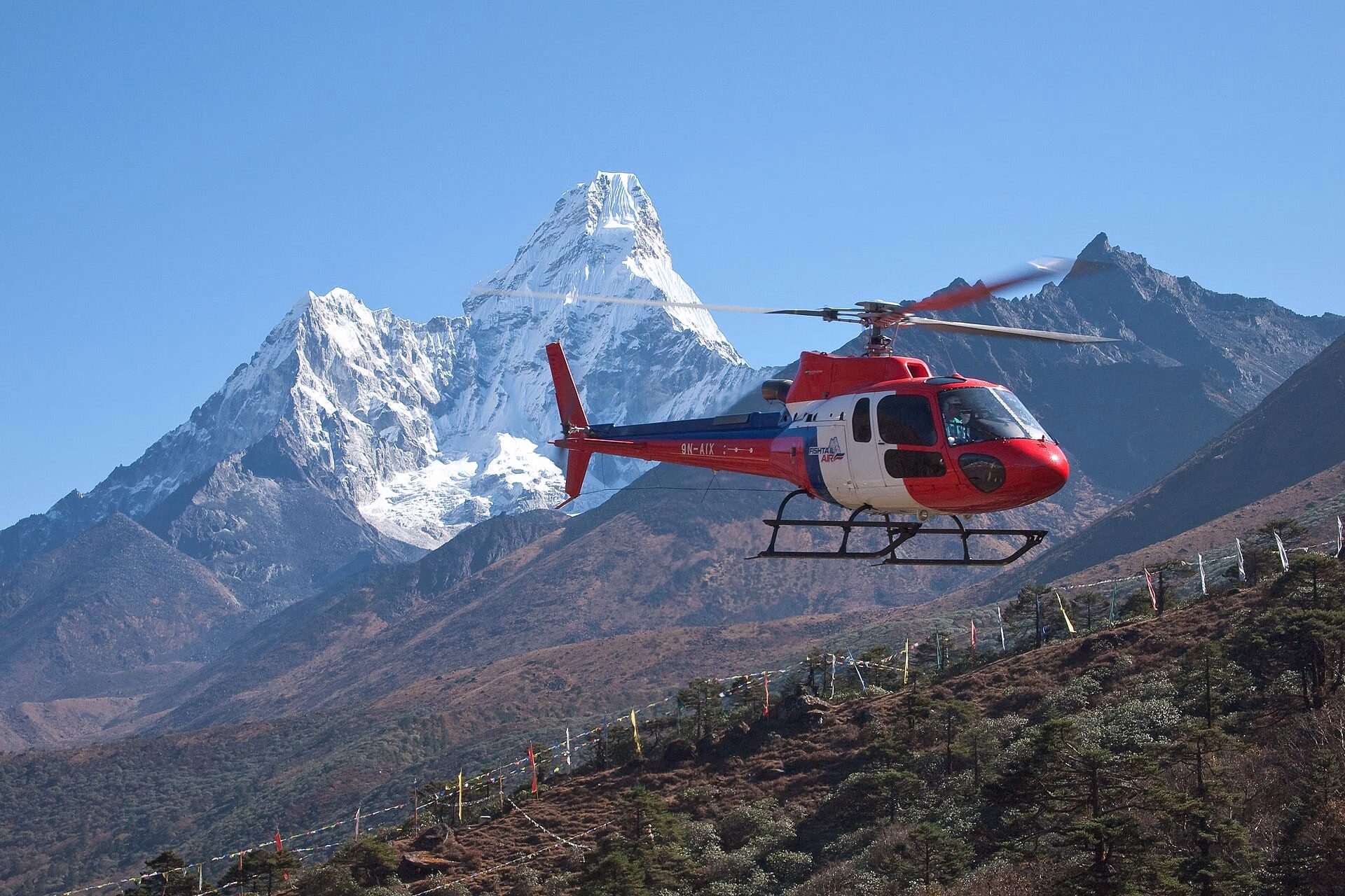 Tengboche, Helicopter in flight, Mountains of Nepal