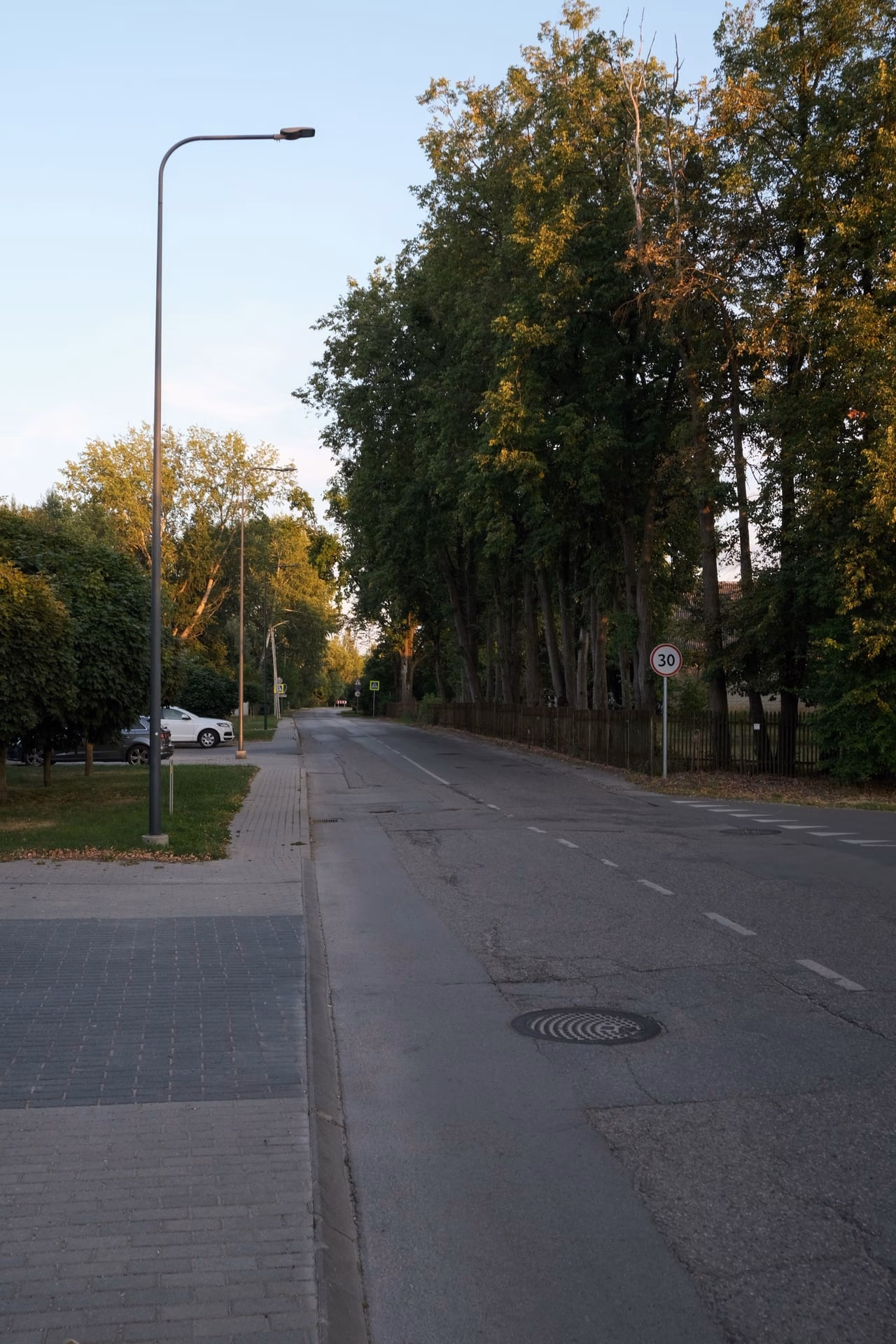 Peaceful street scene in Kaunas, Lithuania at dusk with trees and empty road.