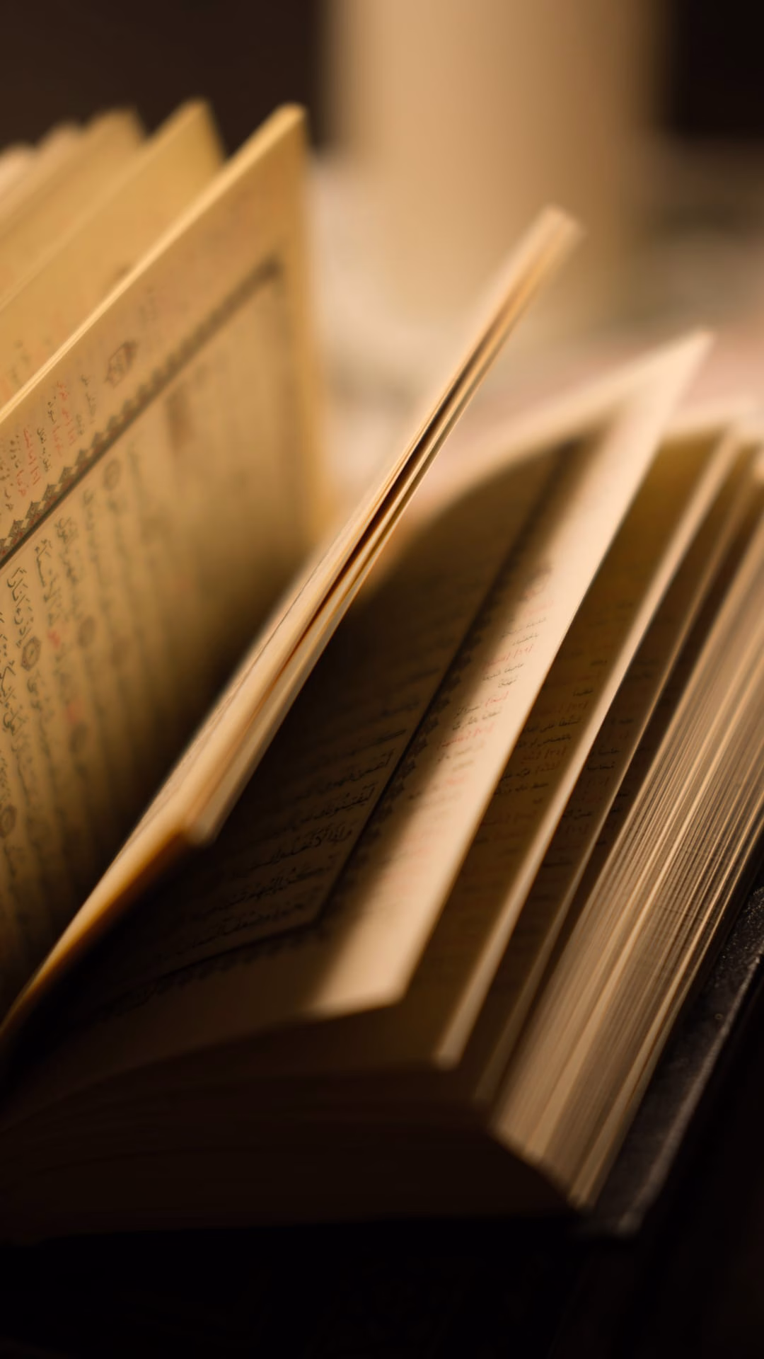 A detailed view of an open book with softly focused pages turning, featuring warm lighting.