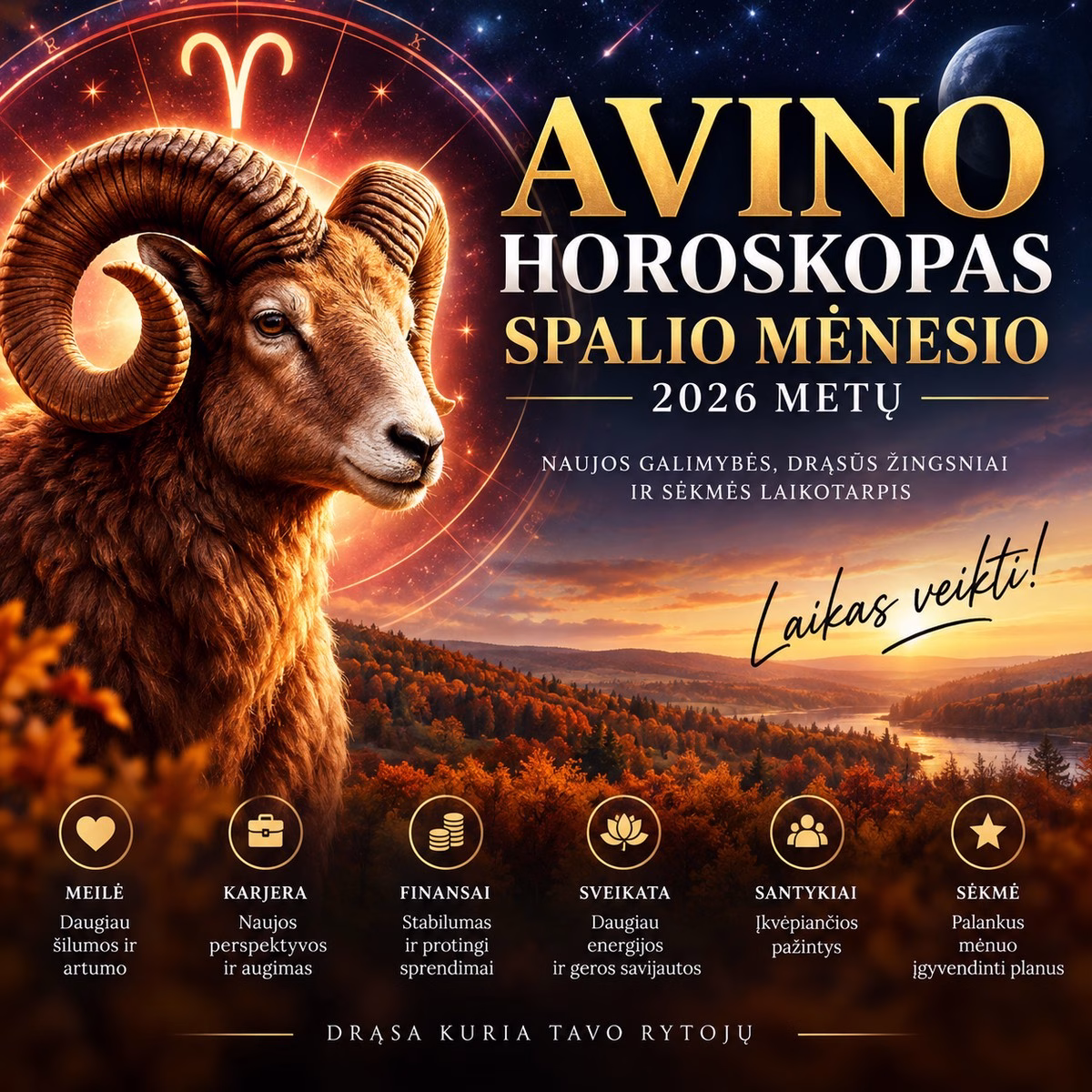 Sveikinimai, energingieji, drąsieji ir lyderystės ugnimi spindintys Avino ženklo atstovai! 2026-ųjų metų spalis jums žada būti itin dinamiškas, transformuojantis ir svarbių sprendimų kupinas mėnuo. Po rugsėjį įvykusios galingos Pilnaties jūsų pačių ženkle, spalis atneša naują etapą, kuriame pagrindinis dėmesys persikelia į santykius, partnerystę, bendrus finansus bei gilius vidinius pokyčius.