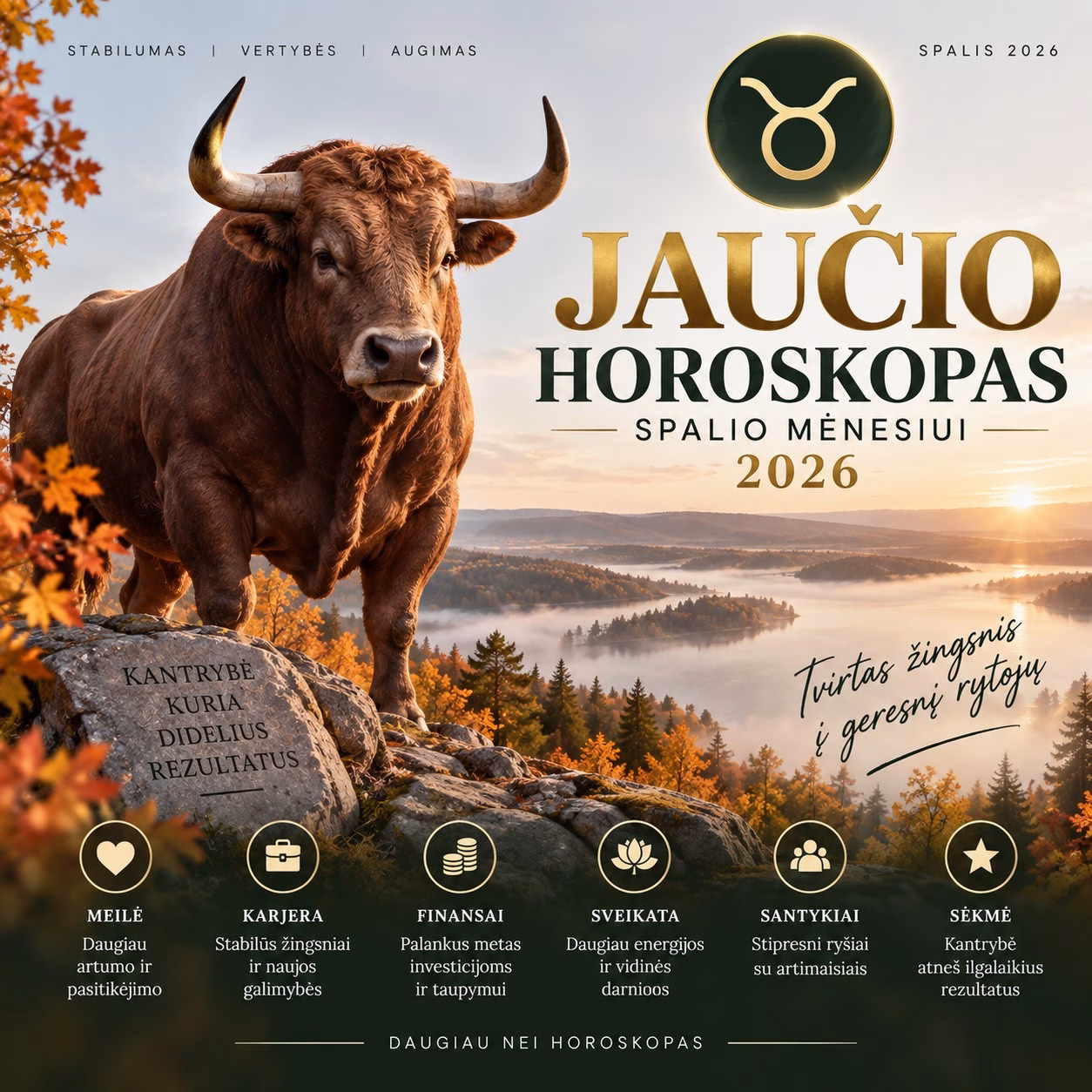 Sveikinimai, ištikimieji, praktiškieji ir kantrybe spindintys Jaučio ženklo atstovai! 2026-ųjų metų spalis jums žada būti nepaprastai reikšmingas, transformuojantis ir asmeninių pergalių kupinas mėnuo. Šį mėnesį kosminės jėgos sutelkia visą dėmesį į jūsų kasdienius įpročius, profesinį efektyvumą, sveikatą bei itin svarbius asmeninius santykius. Be to, mėnesio pabaigoje jūsų pačių ženkle įvyksianti galinga Pilnatis žymi didžiojo asmeninio ciklo kulminaciją.